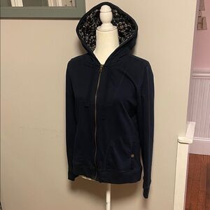 Navy Blue Zip-Up Hoodie with Patterned Hood